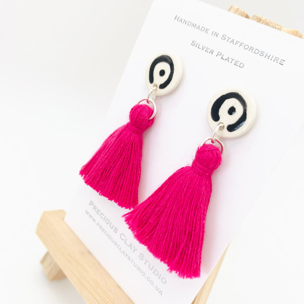 Pink Tassel Earrings With Black Pattern Stud