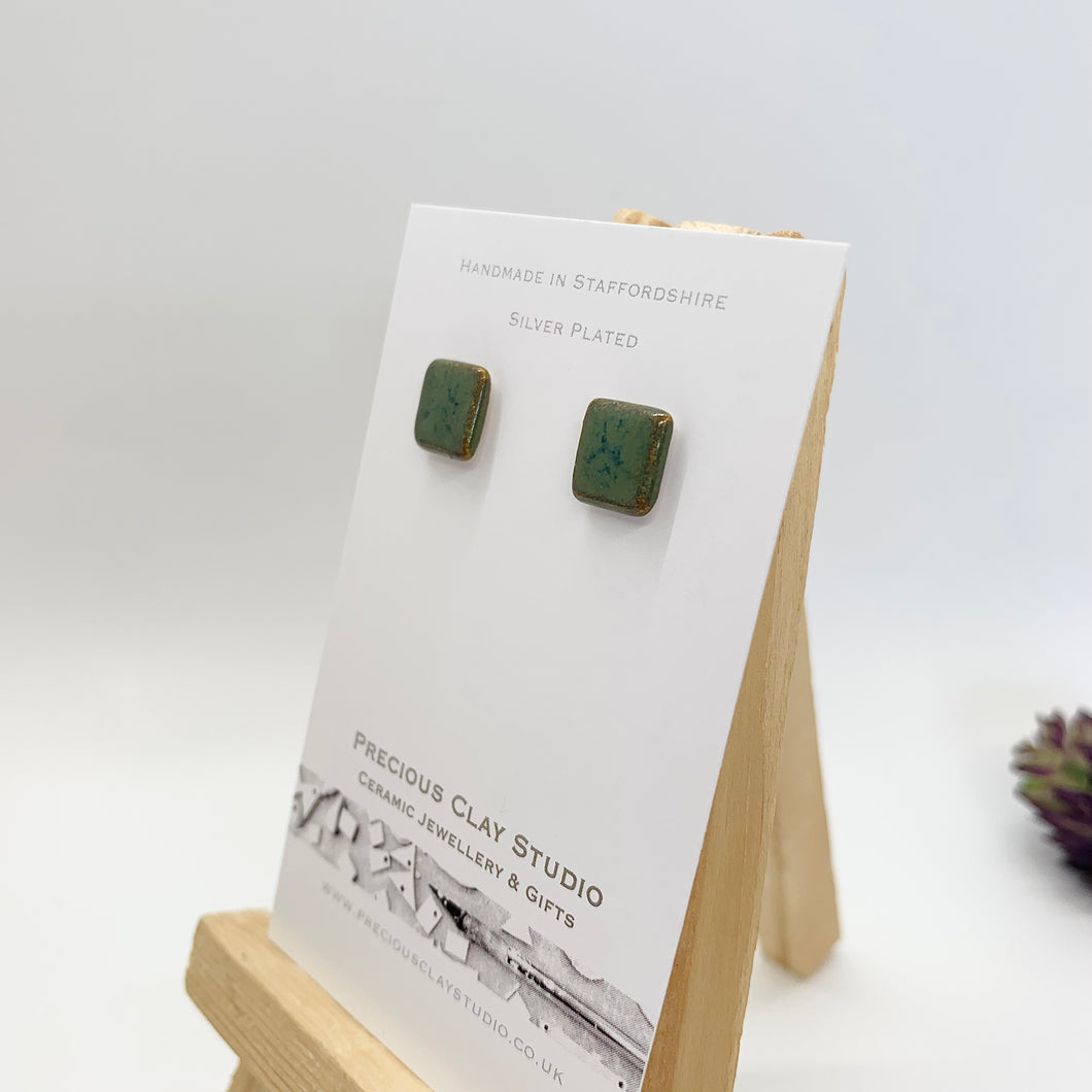 Deep Green Square Stud - Silver Plated