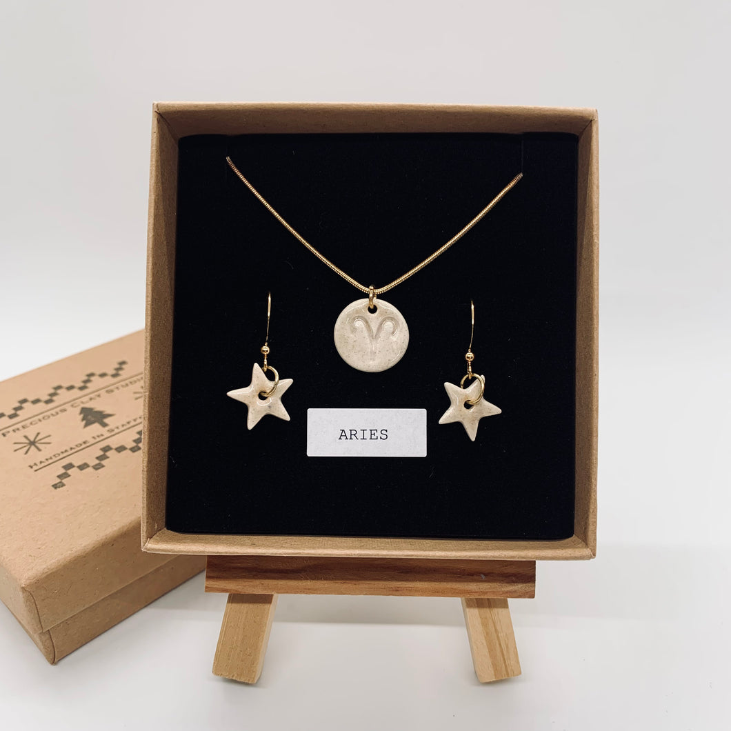 Gift Set - Zodiac Necklace & Star Earrings (Gold Plated)